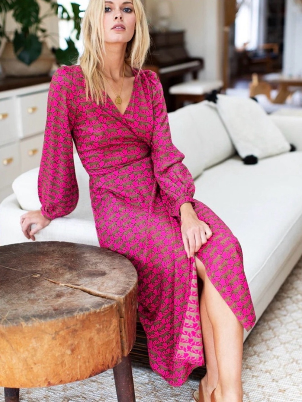 Emerson Fry Bishop Sleeve Wrap Dress Pink Cheetah hand block print size Med